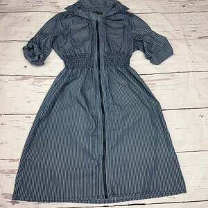 J Gee Dress Medium Zipper Front Collared Blue White Striped Rolled SS Ruffle Hem